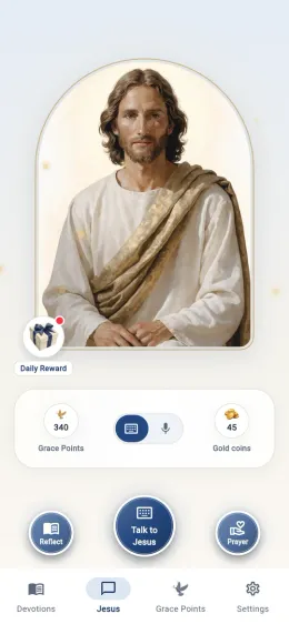 Emmanuel AI home screen with a portrait of Jesus and buttons to talk, reflect and pray